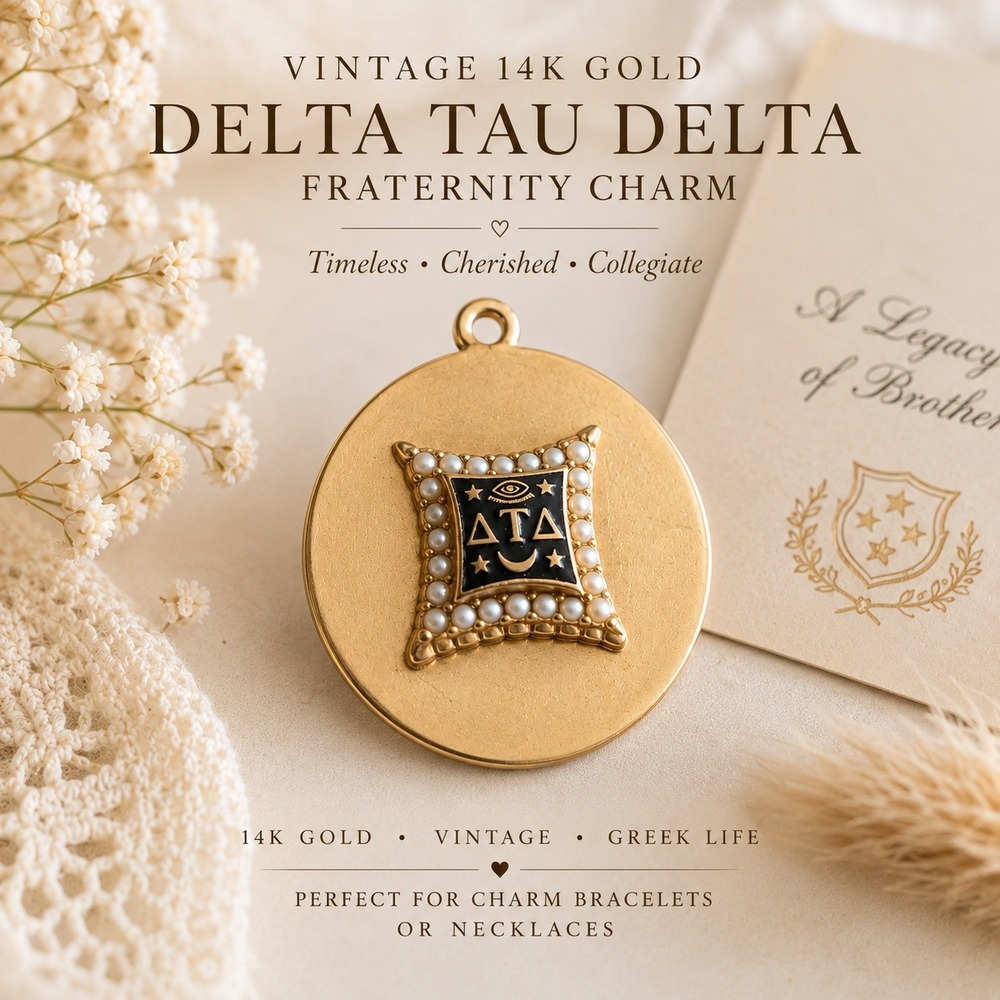 Vintage 14K Gold Delta Tau Delta Î΀ΠFraternity Charm Pearl Enamel Medallion